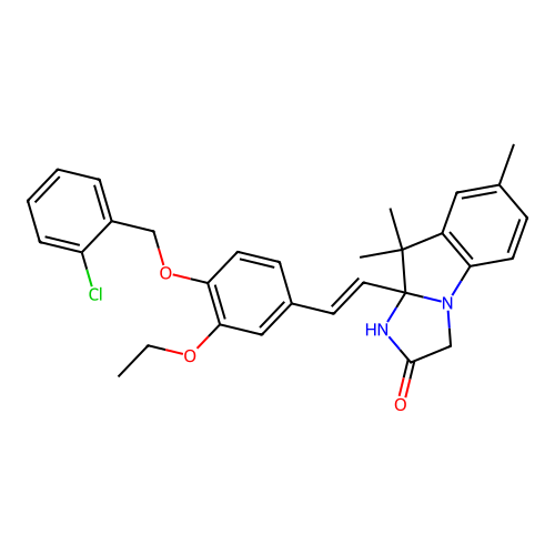(E)-9a-(4-((2-chlorobenzyl)oxy)-3-ethoxystyryl)-7,9,9-trimethyl-9,9a-dihydro-1H-imidazo[1,2-a]indol-2(3H)-one structure