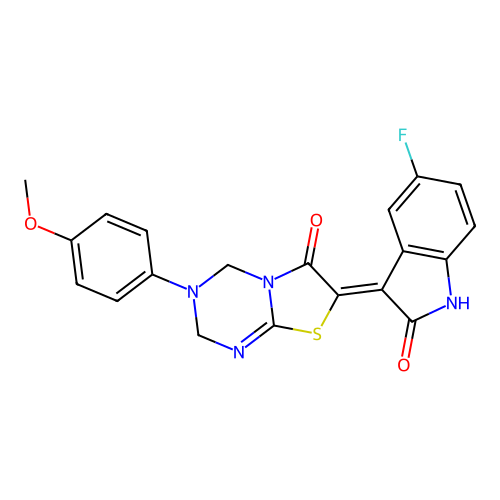 (7Z)-7-(5-fluoro-2-oxo-1,2-dihydro-3H-indol-3-ylidene)-3-(4-methoxyphenyl)-3,4-dihydro-2H-[1,3]thiazolo[3,2-a][1,3,5]triazin-6(7H)-one structure