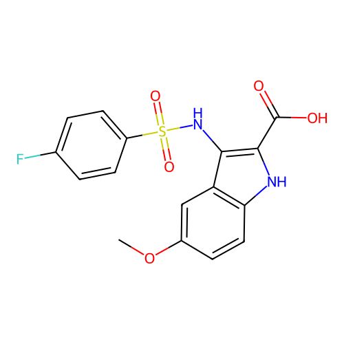 3-{[(4-fluorophenyl)sulfonyl]amino}-5-methoxy-1H-indole-2-carboxylic acid structure
