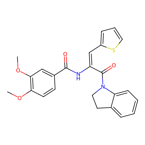 (E)-N-(3-(indolin-1-yl)-3-oxo-1-(thiophen-2-yl)prop-1-en-2-yl)-3,4-dimethoxybenzamide structure