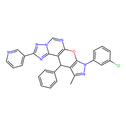 8-(3-chlorophenyl)-10-methyl-11-phenyl-2-(pyridin-3-yl)-8,11-dihydropyrazolo[4',3':5,6]pyrano[3,2-e][1,2,4]triazolo[1,5-c]pyrimidine structure