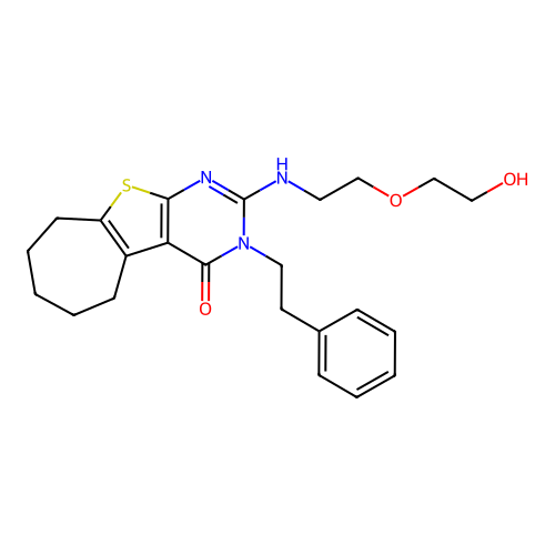 2-((2-(2-hydroxyethoxy)ethyl)amino)-3-phenethyl-6,7,8,9-tetrahydro-3H-cyclohepta[4,5]thieno[2,3-d]pyrimidin-4(5H)-one structure