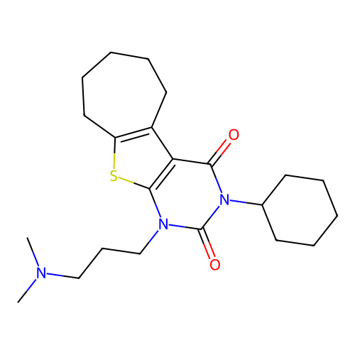 3-cyclohexyl-1-(3-(dimethylamino)propyl)-6,7,8,9-tetrahydro-1H-cyclohepta[4,5]thieno[2,3-d]pyrimidine-2,4(3H,5H)-dione structure
