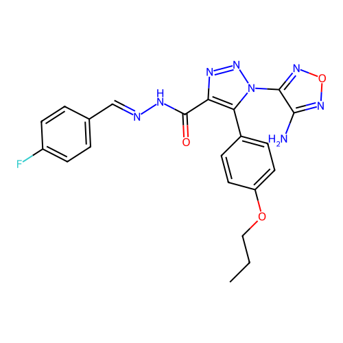 (E)-1-(4-amino-1,2,5-oxadiazol-3-yl)-N'-(4-fluorobenzylidene)-5-(4-propoxyphenyl)-1H-1,2,3-triazole-4-carbohydrazide structure