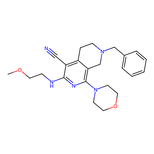 7-benzyl-3-(2-methoxyethylamino)-1-morpholin-4-yl-6,8-dihydro-5H-2,7-naphthyridine-4-carbonitrile structure