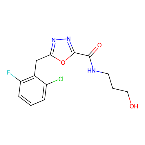 5-(2-chloro-6-fluorobenzyl)-N-(3-hydroxypropyl)-1,3,4-oxadiazole-2-carboxamide structure