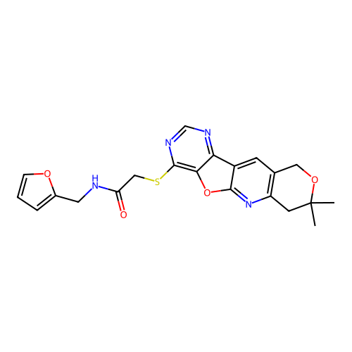 2-((8,8-dimethyl-8,10-dihydro-7H-pyrano[3'',4'':5',6']pyrido[3',2':4,5]furo[3,2-d]pyrimidin-4-yl)thio)-N-(furan-2-ylmethyl)acetamide structure