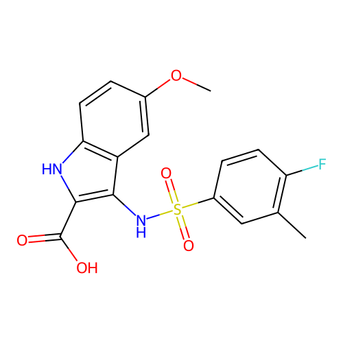 3-(4-fluoro-3-methylphenylsulfonamido)-5-methoxy-1H-indole-2-carboxylic acid structure