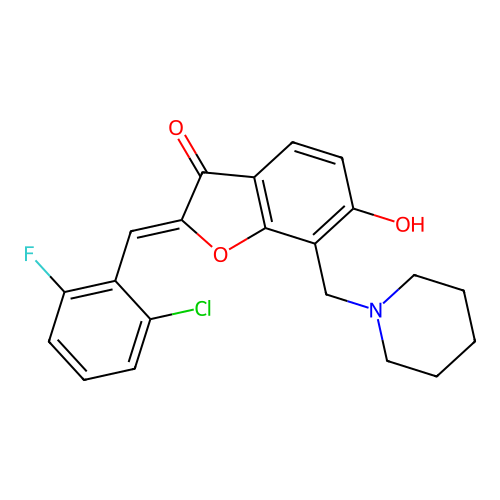 2-[(2-chloro-6-fluoro-phenyl)methylidene]-6-hydroxy-7-(1-piperidylmethyl)benzofuran-3-one structure