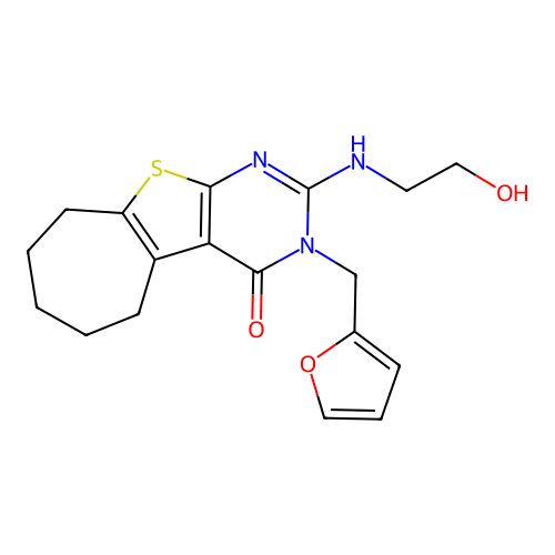 3-(furan-2-ylmethyl)-2-((2-hydroxyethyl)amino)-6,7,8,9-tetrahydro-3H-cyclohepta[4,5]thieno[2,3-d]pyrimidin-4(5H)-one structure