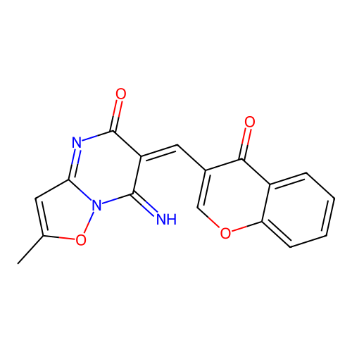 (6E)-7-imino-2-methyl-6-[(4-oxo-4H-chromen-3-yl)methylidene]-6,7-dihydro-5H-[1,2]oxazolo[2,3-a]pyrimidin-5-one structure
