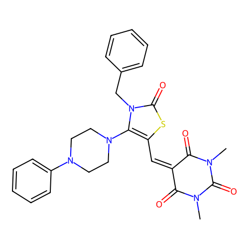 5-((3-benzyl-2-oxo-4-(4-phenylpiperazin-1-yl)-2,3-dihydrothiazol-5-yl)methylene)-1,3-dimethylpyrimidine-2,4,6(1H,3H,5H)-trione structure
