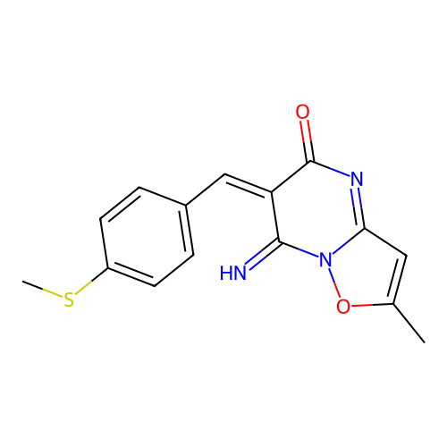 (6E)-7-imino-2-methyl-6-[(4-methylsulfanylphenyl)methylidene]-[1,2]oxazolo[2,3-a]pyrimidin-5-one structure