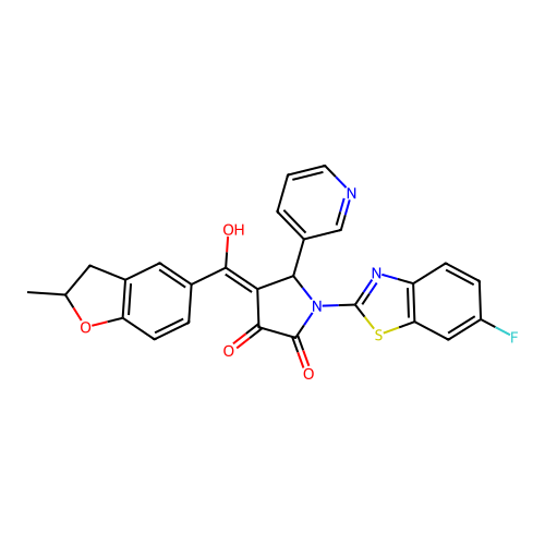 (4E)-1-(6-fluoro-1,3-benzothiazol-2-yl)-4-[hydroxy(2-methyl-2,3-dihydro-1-benzofuran-5-yl)methylidene]-5-(pyridin-3-yl)pyrrolidine-2,3-dione structure