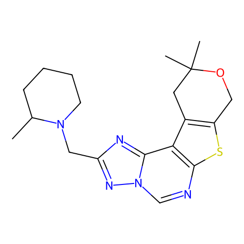 10,10-dimethyl-2-((2-methylpiperidin-1-yl)methyl)-10,11-dihydro-8H-pyrano[4',3':4,5]thieno[3,2-e][1,2,4]triazolo[1,5-c]pyrimidine structure