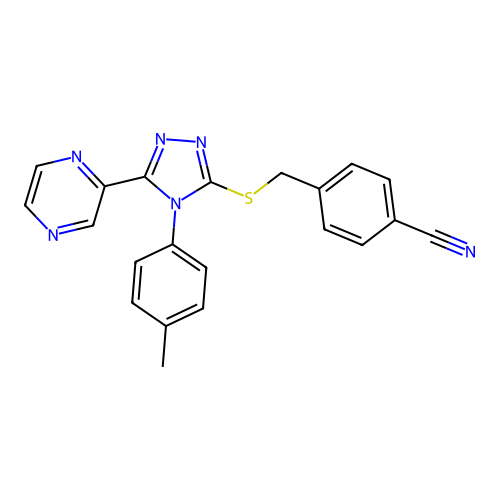 4-({[4-(4-methylphenyl)-5-(pyrazin-2-yl)-4H-1,2,4-triazol-3-yl]sulfanyl}methyl)benzonitrile structure