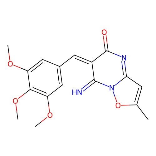(6E)-7-imino-2-methyl-6-(3,4,5-trimethoxybenzylidene)-6,7-dihydro-5H-[1,2]oxazolo[2,3-a]pyrimidin-5-one structure