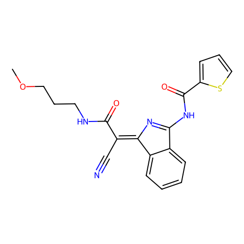 (Z)-N-(1-(1-cyano-2-((3-methoxypropyl)amino)-2-oxoethylidene)-1H-isoindol-3-yl)thiophene-2-carboxamide structure