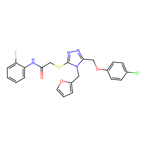 2-((5-((4-chlorophenoxy)methyl)-4-(furan-2-ylmethyl)-4H-1,2,4-triazol-3-yl)thio)-N-(2-fluorophenyl)acetamide structure