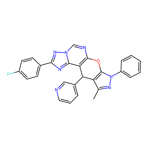 2-(4-fluorophenyl)-10-methyl-8-phenyl-11-(pyridin-3-yl)-8,11-dihydropyrazolo[4',3':5,6]pyrano[3,2-e][1,2,4]triazolo[1,5-c]pyrimidine structure