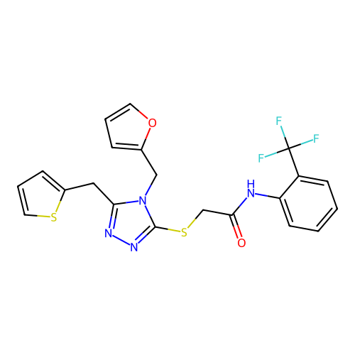 2-((4-(furan-2-ylmethyl)-5-(thiophen-2-ylmethyl)-4H-1,2,4-triazol-3-yl)thio)-N-(2-(trifluoromethyl)phenyl)acetamide structure