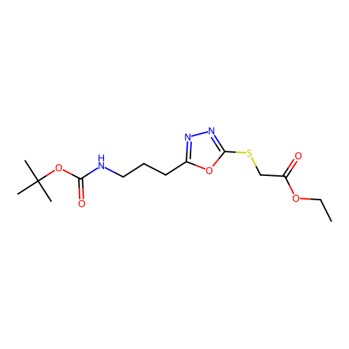 ethyl [(5-{3-[(tert-butoxycarbonyl)amino]propyl}-1,3,4-oxadiazol-2-yl)sulfanyl]acetate structure