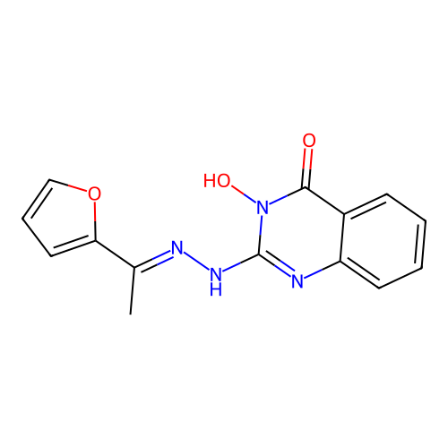 2-{(2E)-2-[1-(furan-2-yl)ethylidene]hydrazinyl}-3-hydroxyquinazolin-4(3H)-one structure