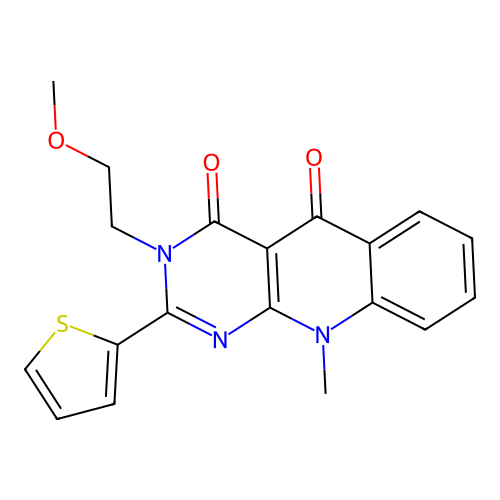 3-(2-methoxyethyl)-10-methyl-2-(thiophen-2-yl)pyrimido[4,5-b]quinoline-4,5(3H,10H)-dione structure