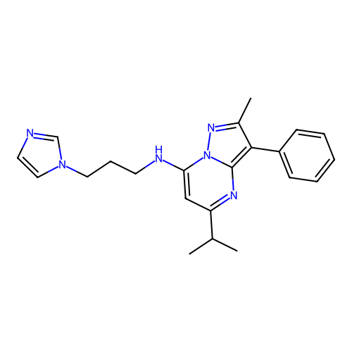 N-[3-(1H-imidazol-1-yl)propyl]-2-methyl-3-phenyl-5-(propan-2-yl)pyrazolo[1,5-a]pyrimidin-7-amine structure