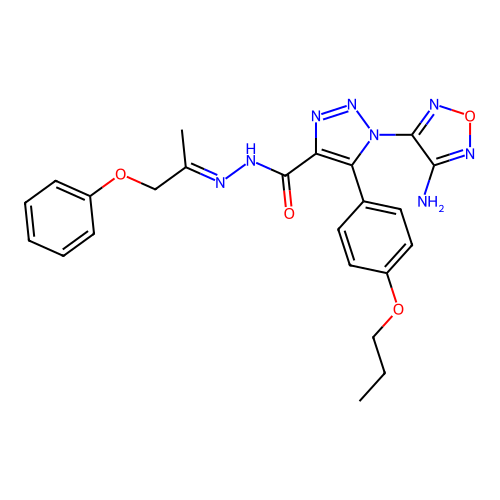 (E)-1-(4-amino-1,2,5-oxadiazol-3-yl)-N'-(1-phenoxypropan-2-ylidene)-5-(4-propoxyphenyl)-1H-1,2,3-triazole-4-carbohydrazide structure