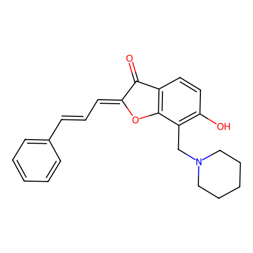2-cinnamylidene-6-hydroxy-7-(1-piperidylmethyl)benzofuran-3-one structure