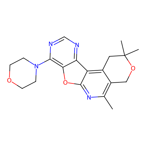 2,2,5-trimethyl-8-(morpholin-4-yl)-1,4-dihydro-2H-pyrano[4'',3'':4',5']pyrido[3',2':4,5]furo[3,2-d]pyrimidine structure