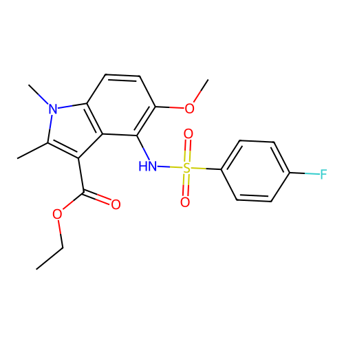 ethyl 4-(4-fluorophenylsulfonamido)-5-methoxy-1,2-dimethyl-1H-indole-3-carboxylate structure