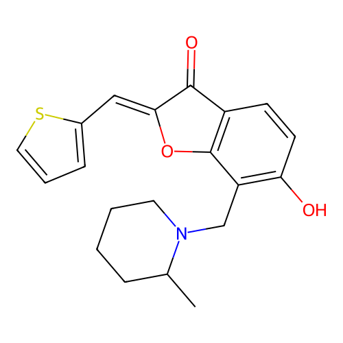 (Z)-6-hydroxy-7-((2-methylpiperidin-1-yl)methyl)-2-(thiophen-2-ylmethylene)benzofuran-3(2H)-one structure