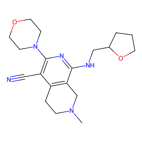 7-methyl-3-(morpholin-4-yl)-1-[(tetrahydrofuran-2-ylmethyl)amino]-5,6,7,8-tetrahydro-2,7-naphthyridine-4-carbonitrile structure