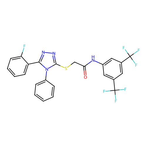 N-(3,5-bis(trifluoromethyl)phenyl)-2-((5-(2-fluorophenyl)-4-phenyl-4H-1,2,4-triazol-3-yl)thio)acetamide structure
