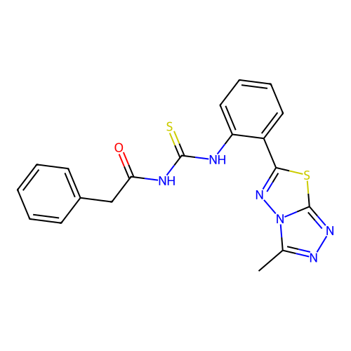 N-((2-(3-methyl-[1,2,4]triazolo[3,4-b][1,3,4]thiadiazol-6-yl)phenyl)carbamothioyl)-2-phenylacetamide structure