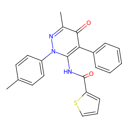 N-(6-methyl-5-oxo-4-phenyl-2-(p-tolyl)-2,5-dihydropyridazin-3-yl)thiophene-2-carboxamide structure