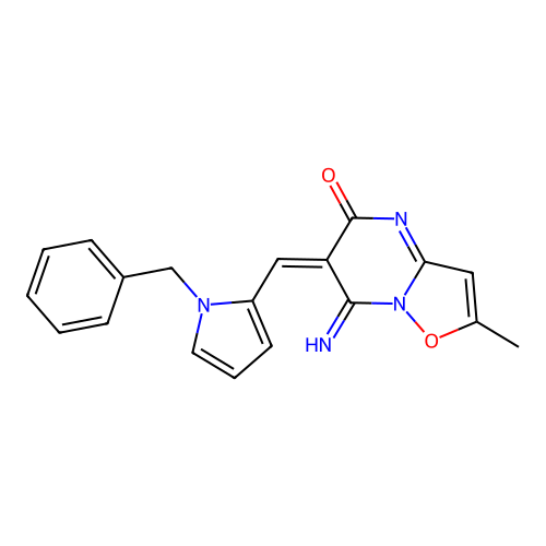 (6E)-6-[(1-benzylpyrrol-2-yl)methylidene]-7-imino-2-methyl-[1,2]oxazolo[2,3-a]pyrimidin-5-one structure