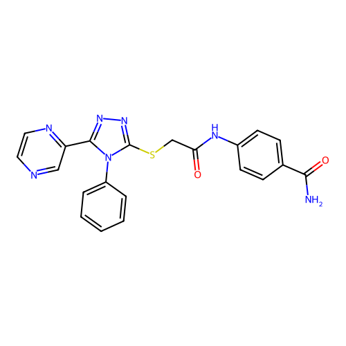 4-[2-(4-Phenyl-5-pyrazin-2-yl-1,2,4-triazol-3-ylthio)acetylamino]benzamide structure