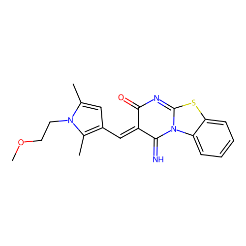 (3Z)-4-imino-3-[[1-(2-methoxyethyl)-2,5-dimethylpyrrol-3-yl]methylidene]pyrimido[2,1-b][1,3]benzothiazol-2-one structure
