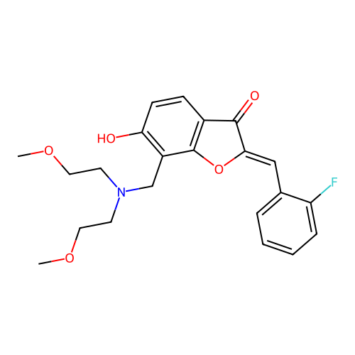 (Z)-7-((bis(2-methoxyethyl)amino)methyl)-2-(2-fluorobenzylidene)-6-hydroxybenzofuran-3(2H)-one structure