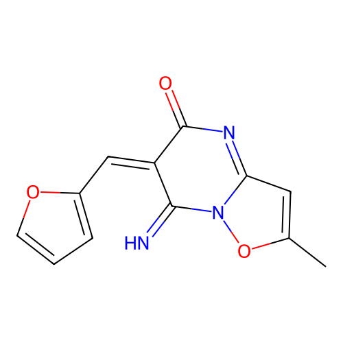 (6E)-6-(furan-2-ylmethylidene)-7-imino-2-methyl-[1,2]oxazolo[2,3-a]pyrimidin-5-one structure