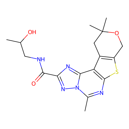 N-(2-hydroxypropyl)-5,10,10-trimethyl-10,11-dihydro-8H-pyrano[4',3':4,5]thieno[3,2-e][1,2,4]triazolo[1,5-c]pyrimidine-2-carboxamide structure