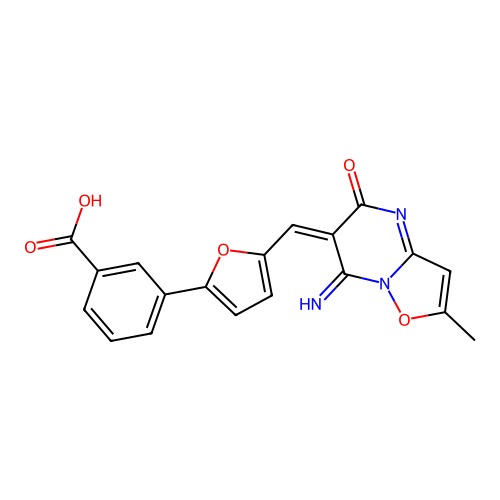(E)-3-(5-((7-imino-2-methyl-5-oxo-5H-isoxazolo[2,3-a]pyrimidin-6(7H)-ylidene)methyl)furan-2-yl)benzoic acid structure