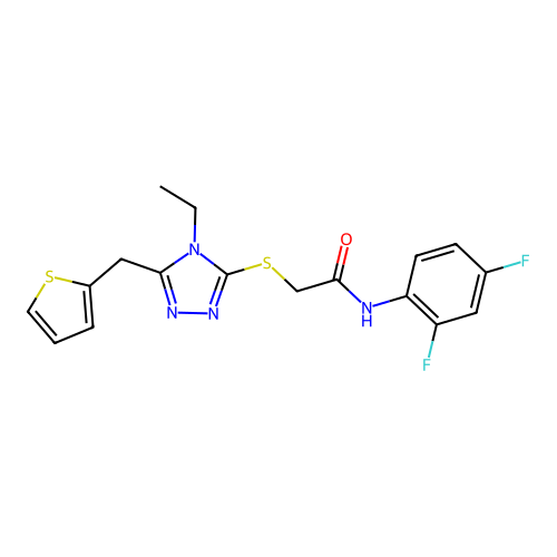 N-(2,4-difluorophenyl)-2-{[4-ethyl-5-(thiophen-2-ylmethyl)-4H-1,2,4-triazol-3-yl]sulfanyl}acetamide structure