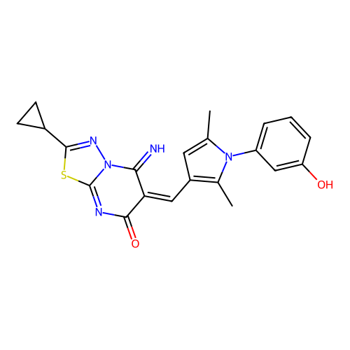 (E)-2-cyclopropyl-6-((1-(3-hydroxyphenyl)-2,5-dimethyl-1H-pyrrol-3-yl)methylene)-5-imino-5H-[1,3,4]thiadiazolo[3,2-a]pyrimidin-7(6H)-one structure
