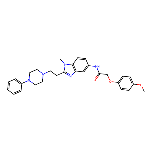 2-(4-methoxyphenoxy)-N-(1-methyl-2-(2-(4-phenylpiperazin-1-yl)ethyl)-1H-benzo[d]imidazol-5-yl)acetamide structure