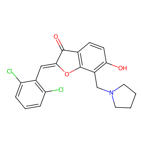 2-(2,6-dichlorobenzylidene)-6-hydroxy-7-(1-pyrrolidinylmethyl)-1-benzofuran-3(2H)-one structure