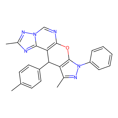 2,10-dimethyl-11-(4-methylphenyl)-8-phenyl-8,11-dihydropyrazolo[4',3':5,6]pyrano[3,2-e][1,2,4]triazolo[1,5-c]pyrimidine structure